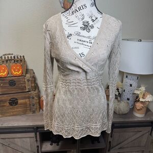 Vintage Cache Knit Baby Doll Top Size XS Linen Blend Y2k Casual Boho Long Sleeve
